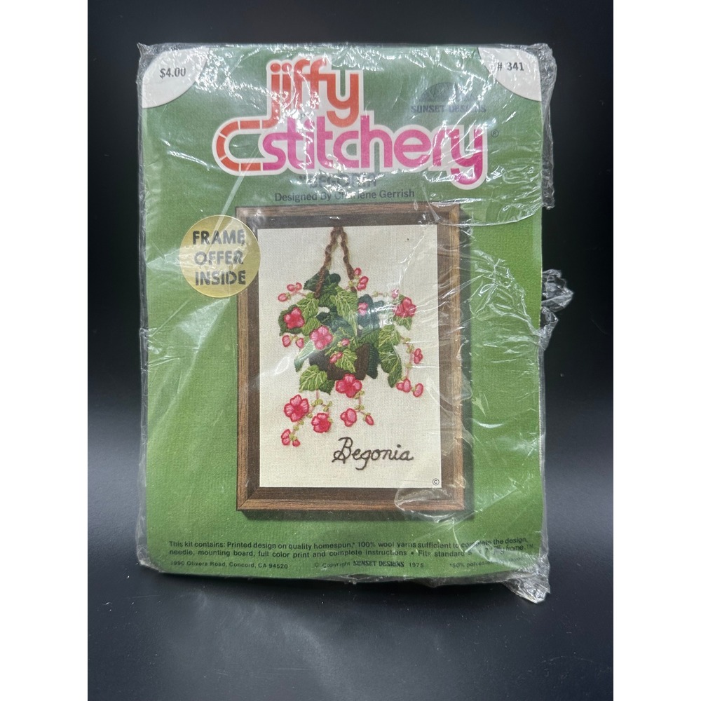 Vintage Sunset Designs Jiffy Stitchery Begonia Floral Needlepoint Kit 341 1975